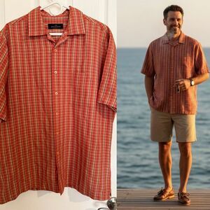 Bugatchi Uomo Men’s Short Sleeve Button-Up Shirt Red Plaid Linen Blend XL